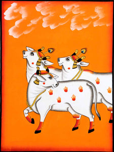 Indian Painting of Cows on Orange Background