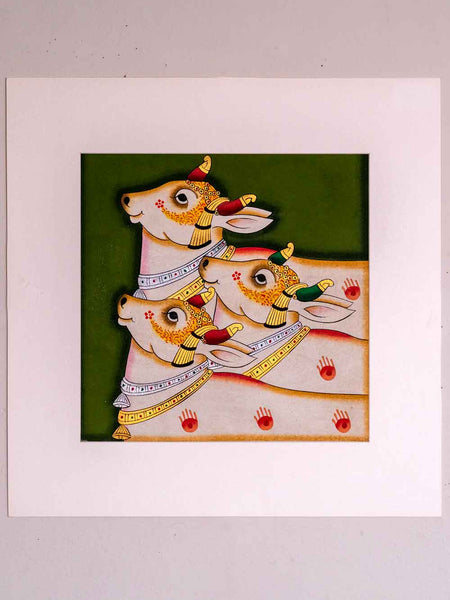 Indian Painting of Three Cows on Green Cloth