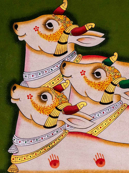 Indian Painting of Three Cows on Green Cloth