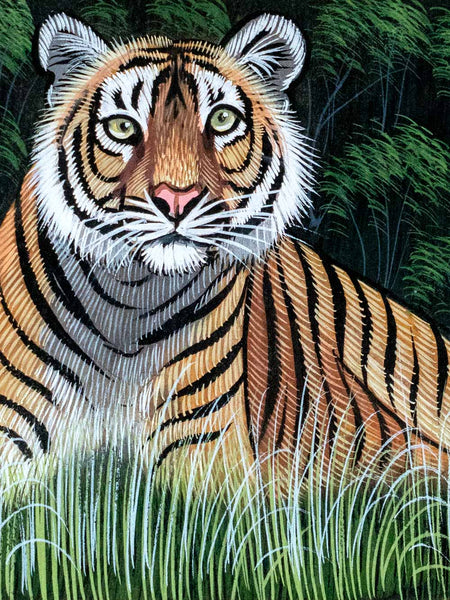 Painting of a tiger in a natural setting with greenery