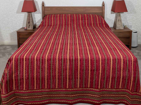 Indian Red & Gold Striped Cotton Bedspread