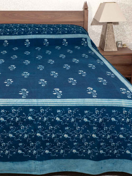 Indigo Floral Pattern Indian Bedspread