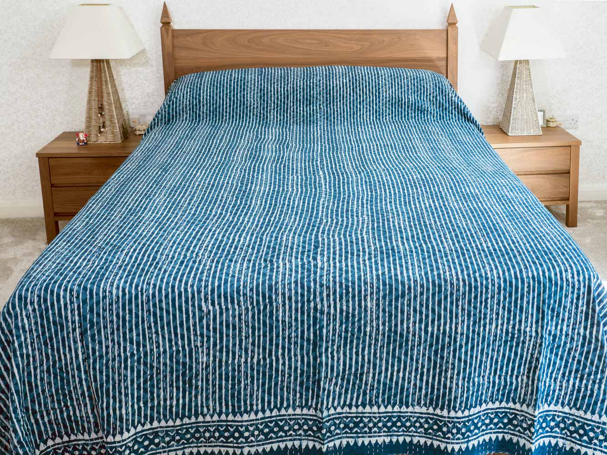 Indigo Striped Indian Cotton Bedspread | Silk Road Gallery