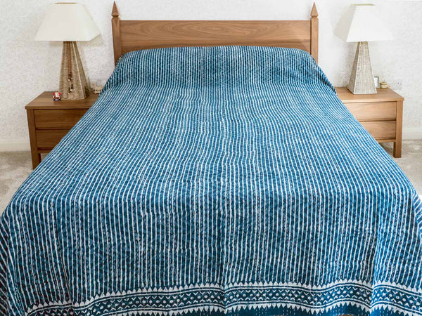 Indigo Striped Indian Cotton Bedspread 