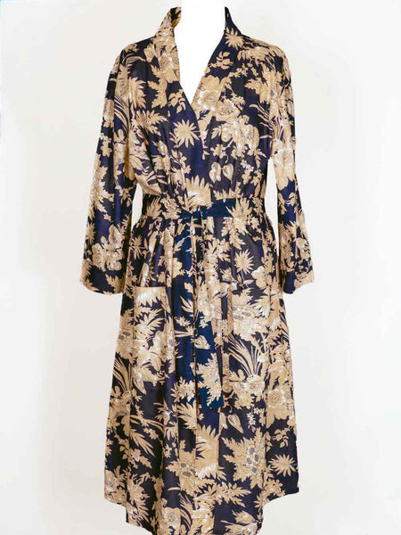 Ivory & Navy Floral Printed Cotton Robe