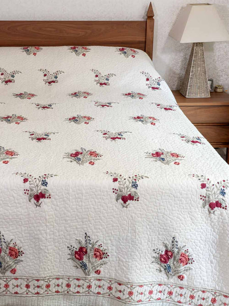 Ivory Quilted Bedspread with Floral Print