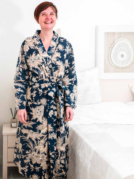 Ivory & Navy Floral Printed Cotton Robe