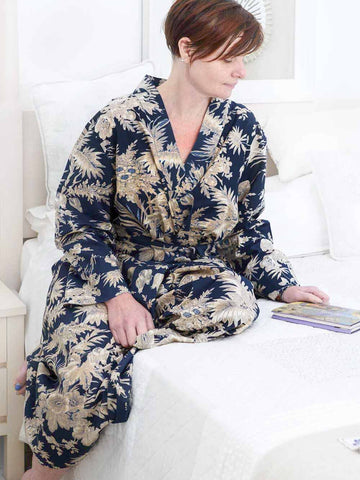 Ivory & Navy Floral Printed Cotton Robe