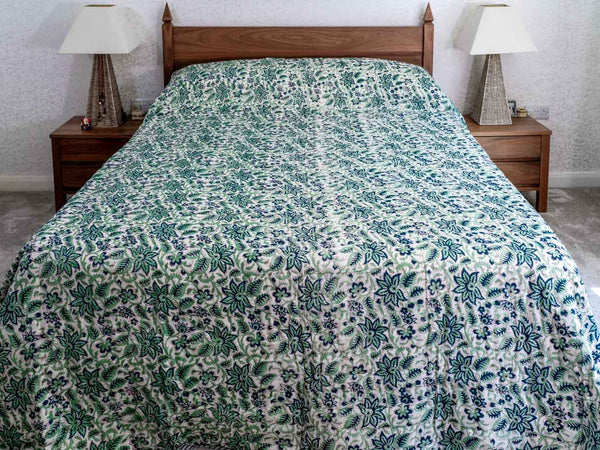 Jade Green Floral Indian Cotton Quilt 