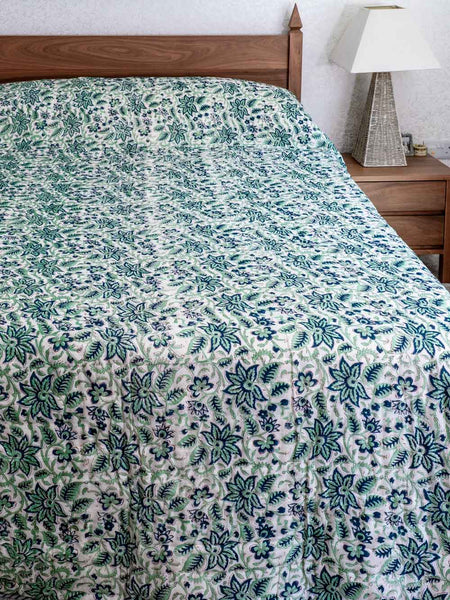 Jade Green Floral Indian Cotton Quilt 