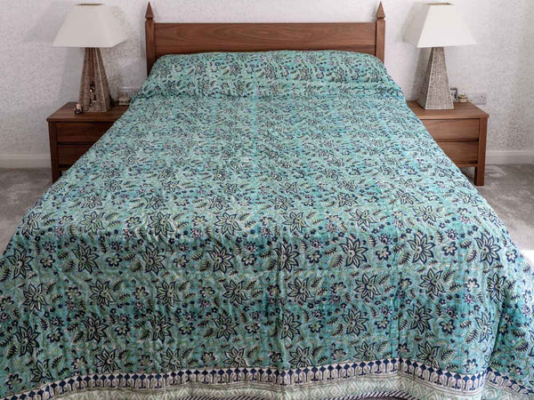 Jade Green Floral Indian Cotton Quilt 