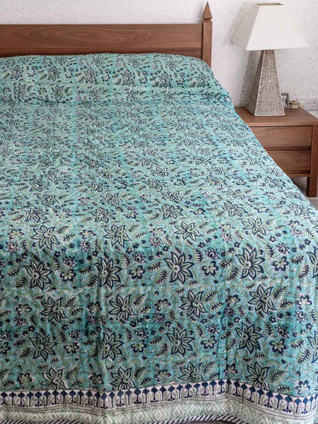 Jade Green Floral Indian Cotton Quilt 