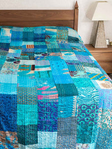 Kingfisher Blue Silk Patchwork Indian Bedspread