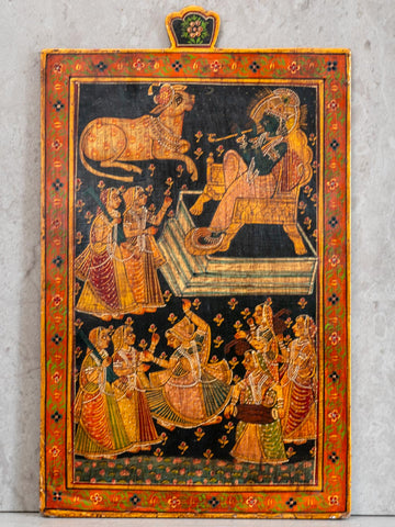 Krishna, Cow & Gopis Painted on Wooden Panel 