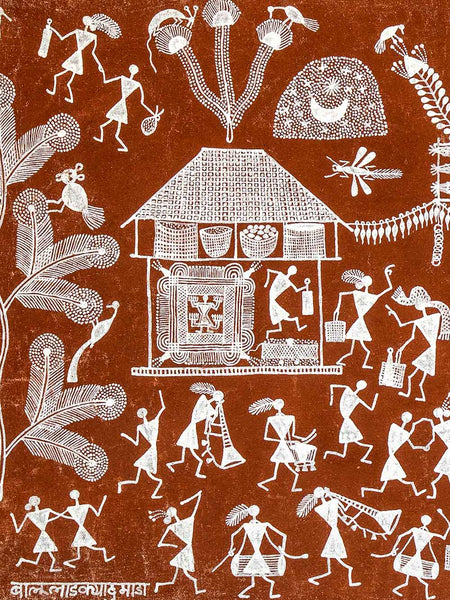 Large Landscape Warli Painting of Village Life