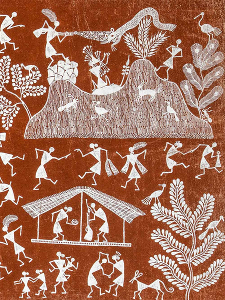 Decorative pattern with white figures and elements on a brown background
