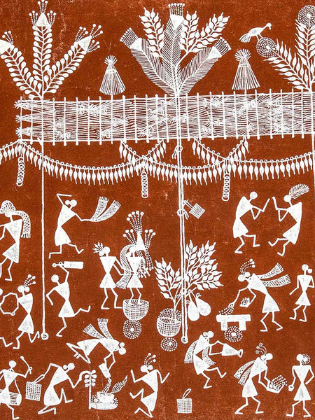 White tribal figures and patterns on a brown background