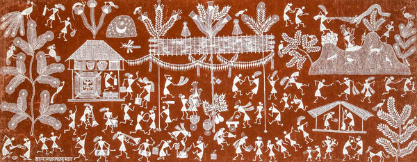 Decorative pattern with white silhouettes of people and activities on a brown background