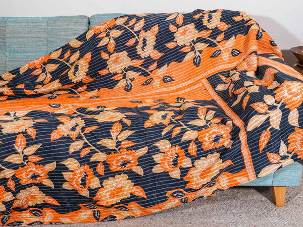 Large Orange Flowers on Navy Kantha 