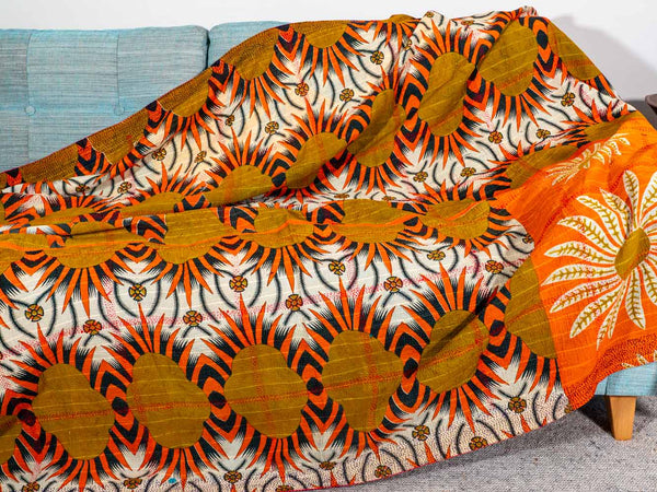 Large Orange Sunflowers Kantha Throw 