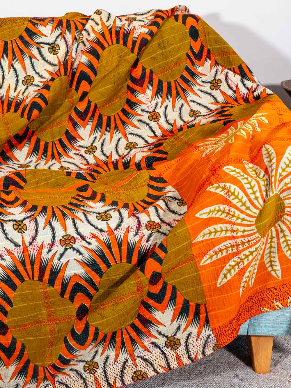 Large Orange Sunflowers Kantha Throw 