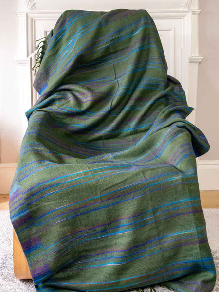 Leaf Green & Turquoise Striped Tibetan Blanket 