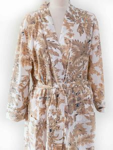 Sand Coloured Leaf Print on White Cotton Robe