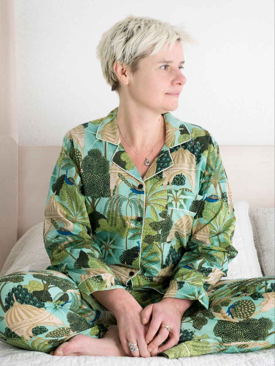 Cotton Pyjamas with Light Green Forest Print | Silk Road Gallery