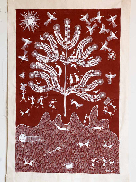 Lively Warli Painting with a Tree & Hills
