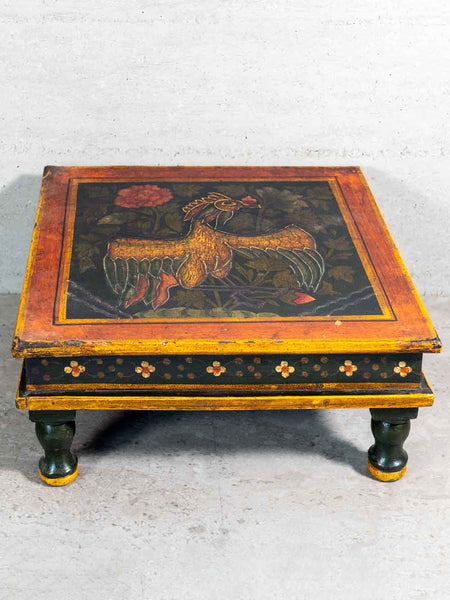 Low Wooden Table with Painted Bird & Flower