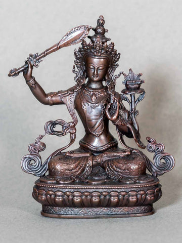 Manjushri Buddha Statue, Fine Oxidised Copper 9.5cm