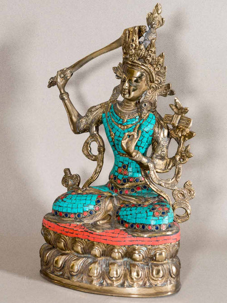 Manjushri Buddha Statue with Turquoise Inlay