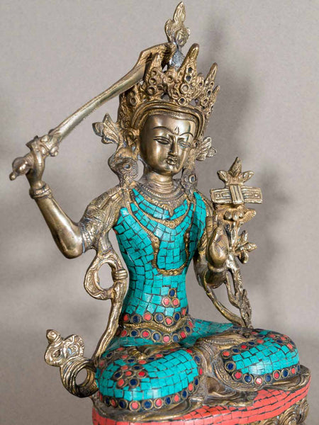 Manjushri Buddha Statue with Turquoise Inlay