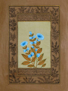 Indian Miniature Painting of Blue Flowers & Floral Border