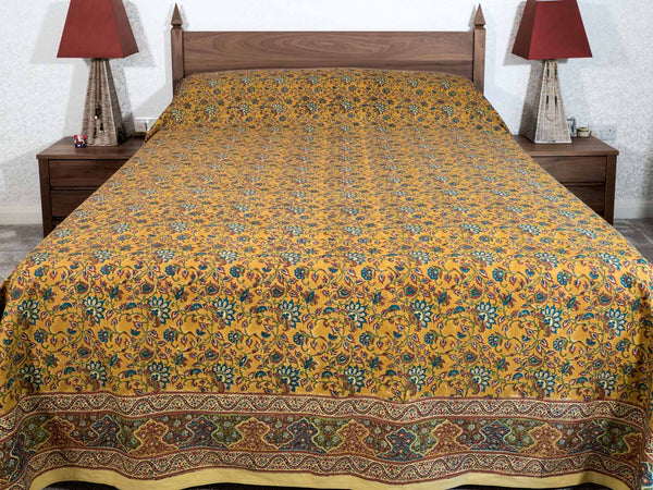 Ochre Floral Pattern Printed Indian Bedspread