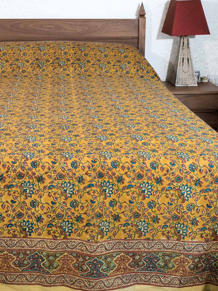 Ochre Floral Pattern Printed Indian Bedspread