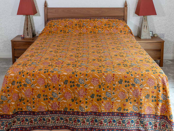 Ochre Floral Pattern Printed Indian Bedspread