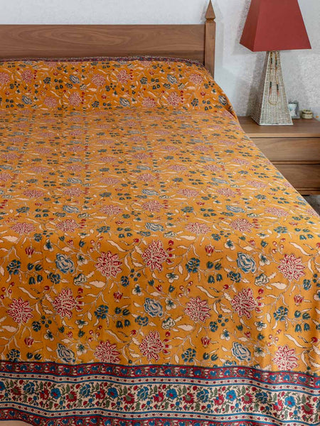 Ochre Floral Pattern Printed Indian Bedspread