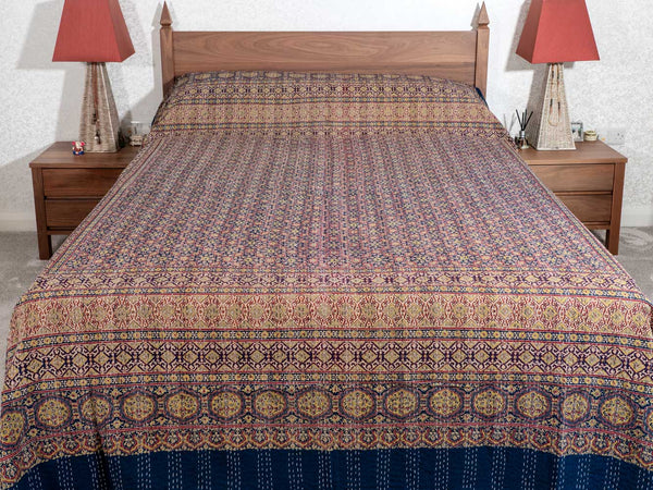 Olive, Navy & Red Ajrakh Indian Bedspread