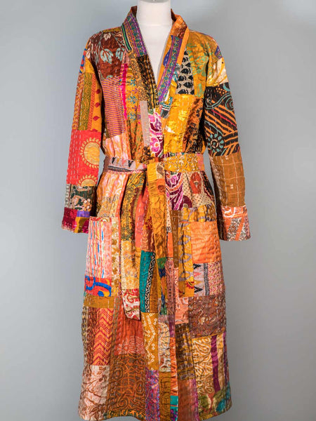 Orange Art Silk Patchwork Dressing Gown