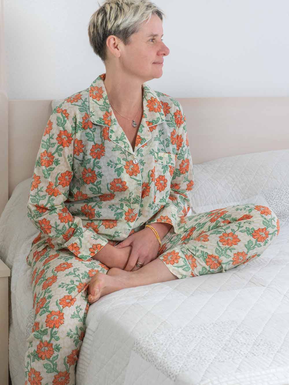 Orange Flower Printed Cotton Pyjamas