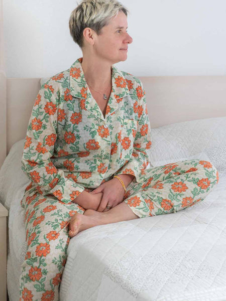 Orange Flower Printed Cotton Pyjamas