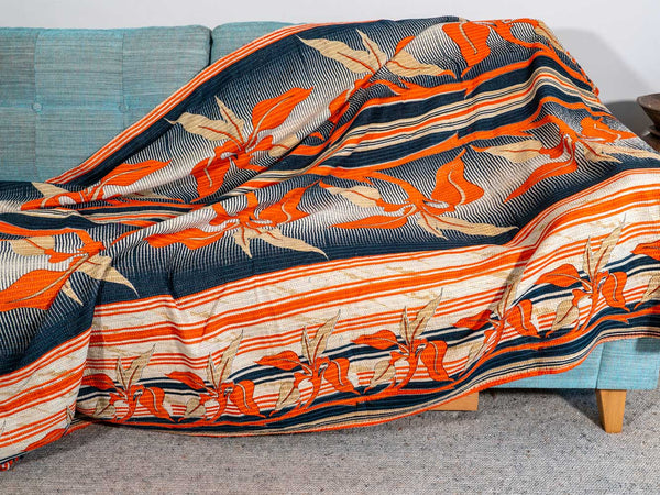 Orange Leaves on Black Kantha Throw