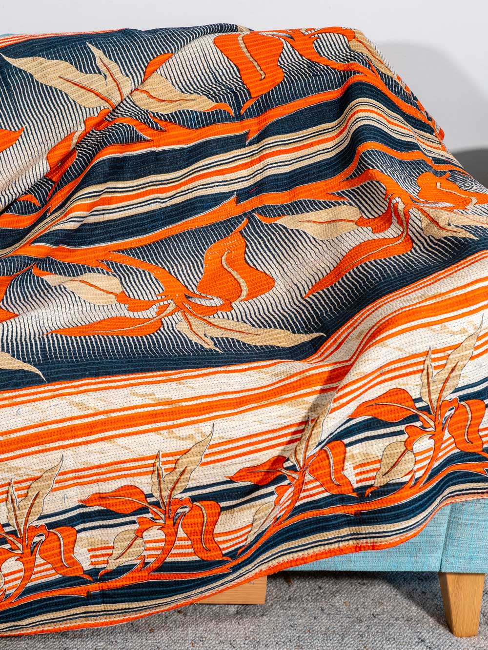 Orange Leaves on Black Kantha Throw