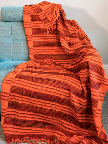 Orange Striped Reversible Tibetan Blanket