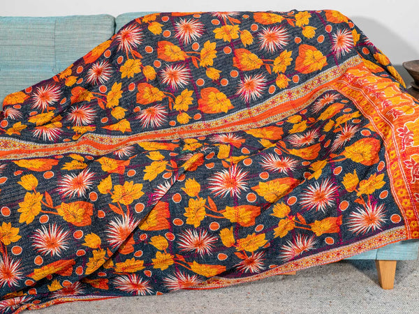 Orange & Gold Flowers Kantha Throw