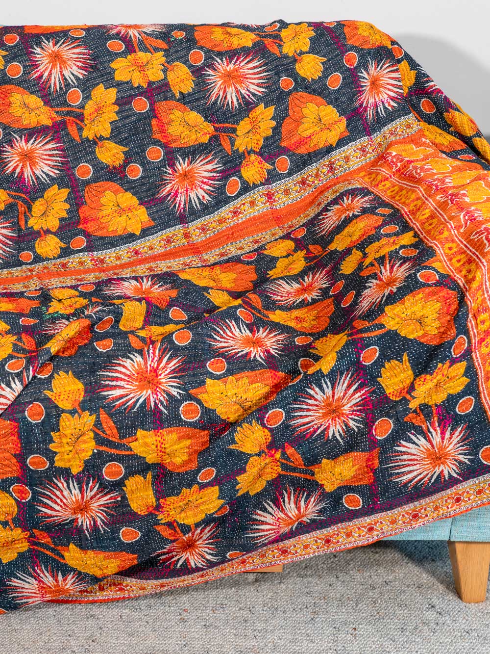 Orange & Gold Flowers Kantha Throw