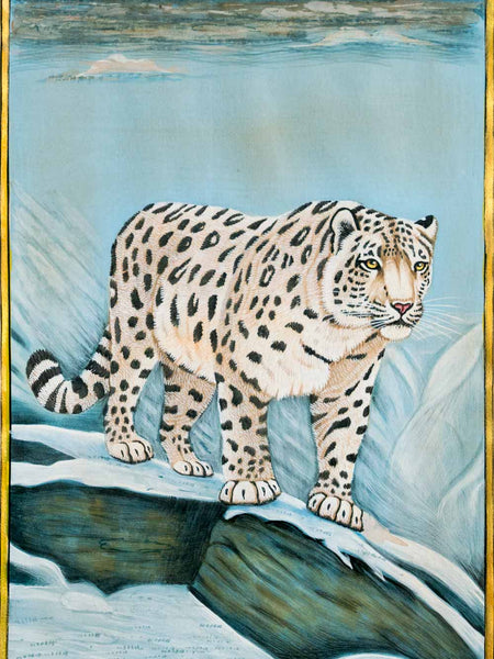 A painted artwork of a snow leopard standing on a snowy ledge, with icy blue water or mist in the background and a narrow gold border around the edges.