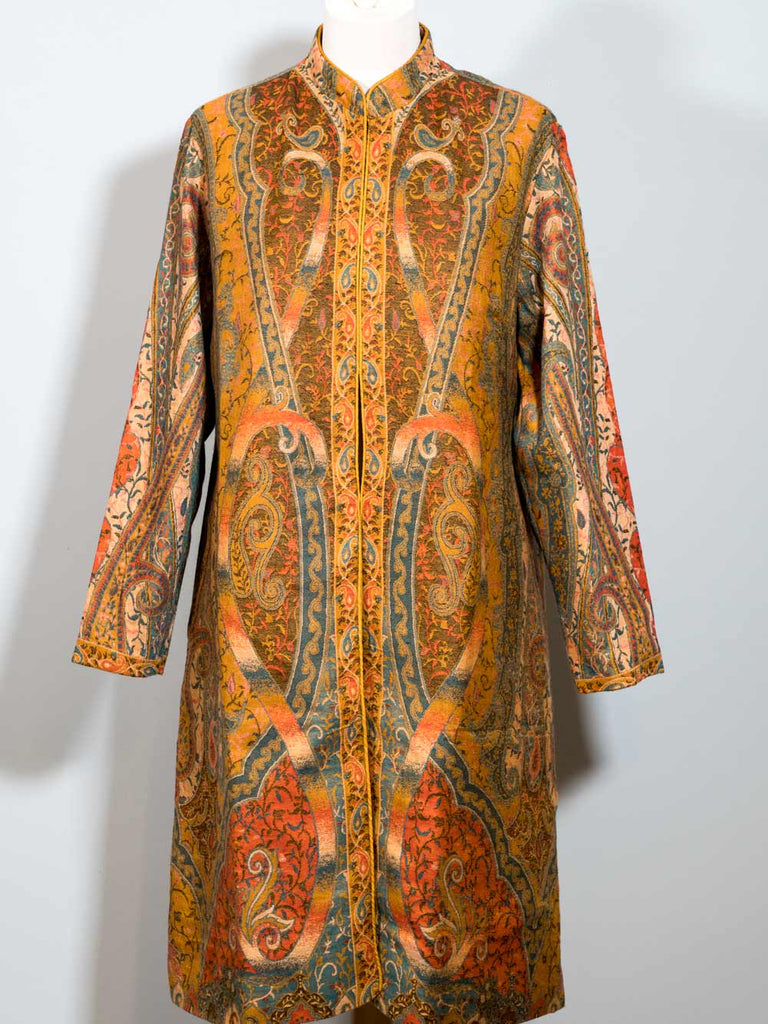 Patterned Gold Wool Kani Weave Kashmiri Coat | Silk Road Gallery