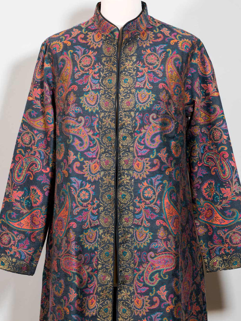 Navy Patterned Wool Patterned Navy Wool Kani Weave Kashmiri Coat | Silk Road Gallery